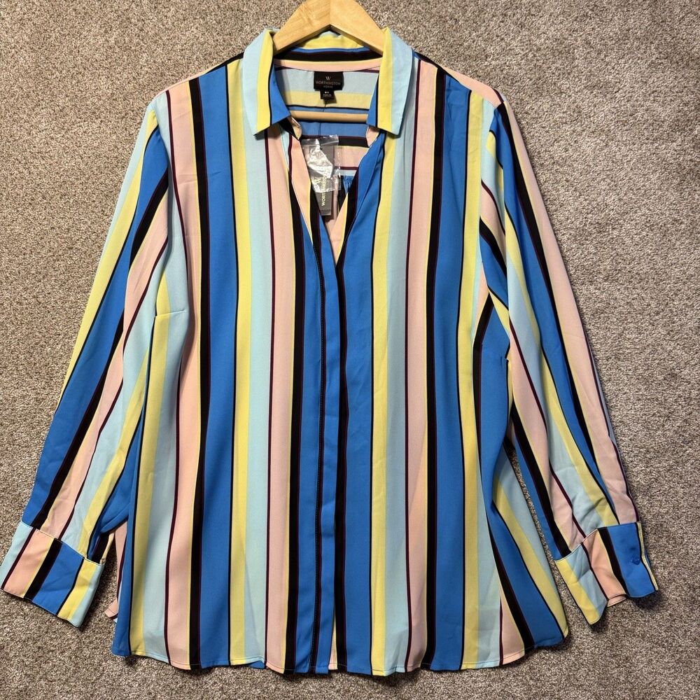 NWT Worthington Blouse Womens 3XL Stripped Long Sleeve Colorful Career Office